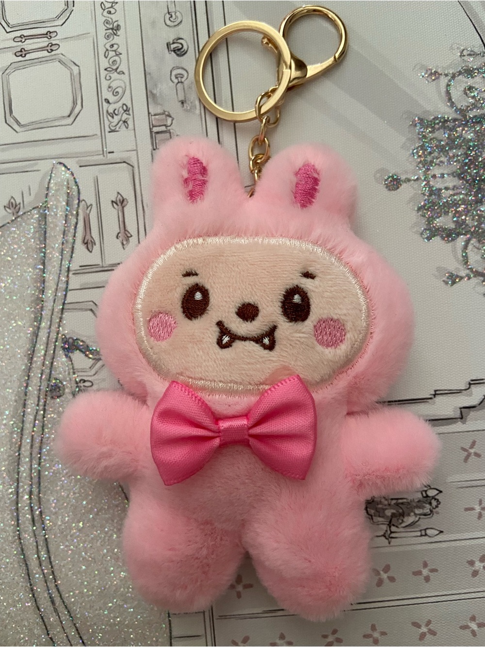 Cute Pink Plush lafufu Bunny Keychain with Bow